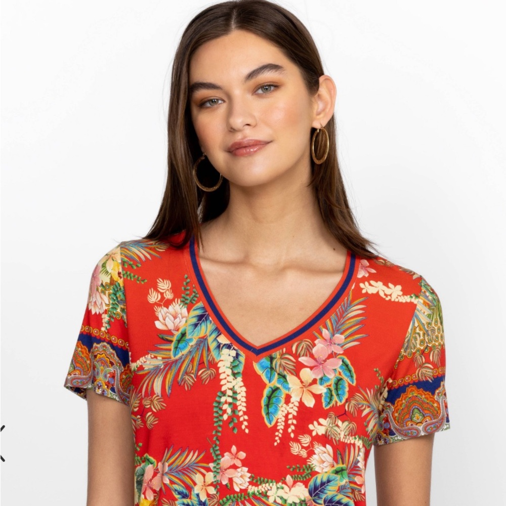 Johnny Was BLUE CALANTHE MESH TOP & THE JANIE FAVORITE SHORT SLEEVE V‑NECK